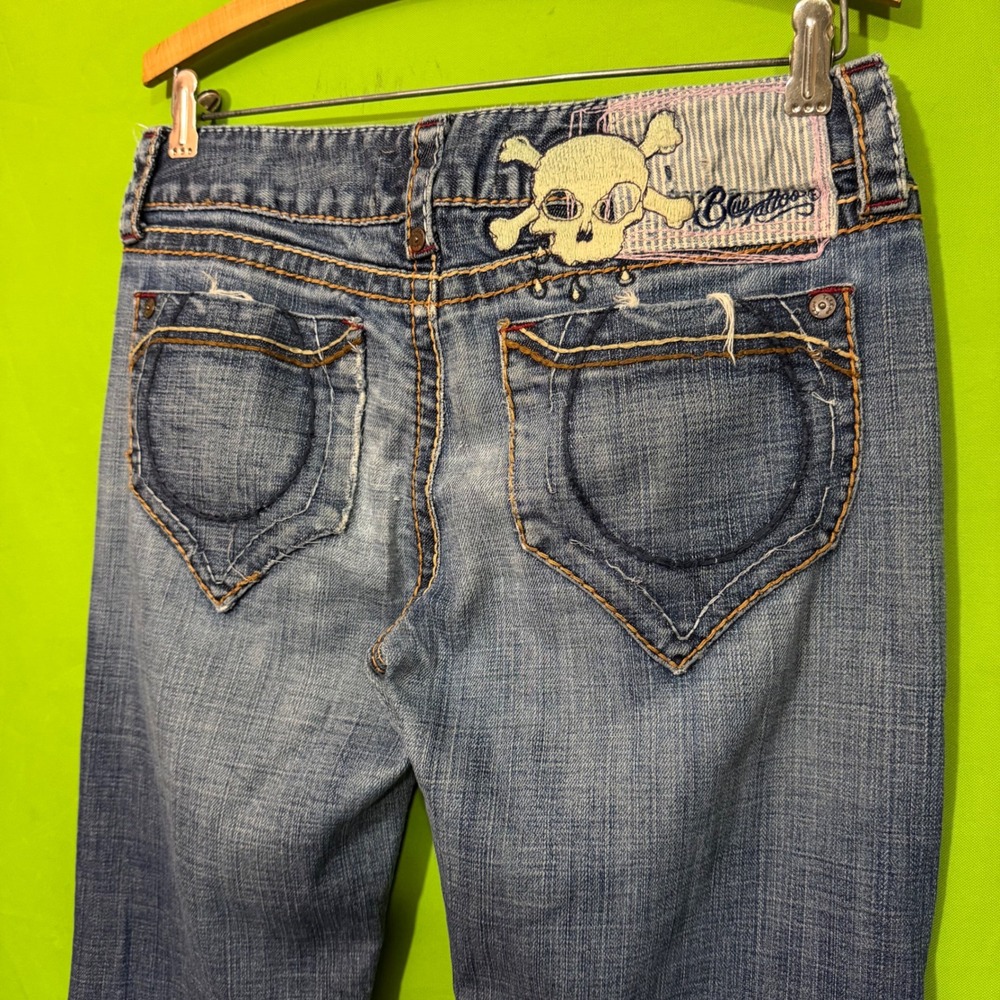Blue Tattoo Womens Bootcut Jeans Size 29 Distressed Skull Y2K Low Rise Denim